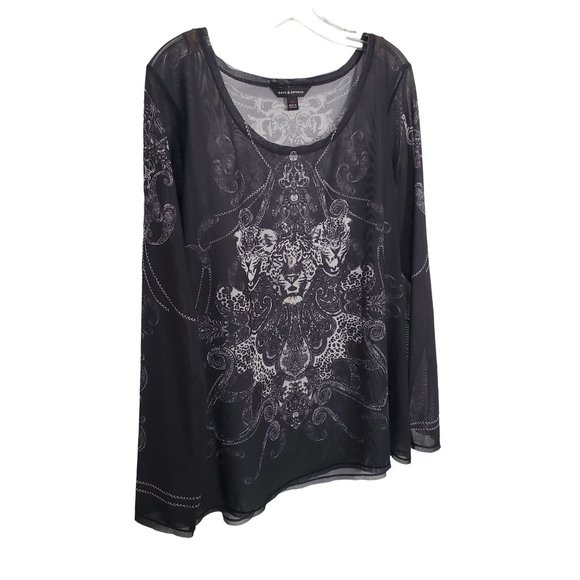 Rock & Republic Tops - Rock & Republic Size XL Shirt Sheer Mesh Cheetah Head Print Long Sleeve Pullover